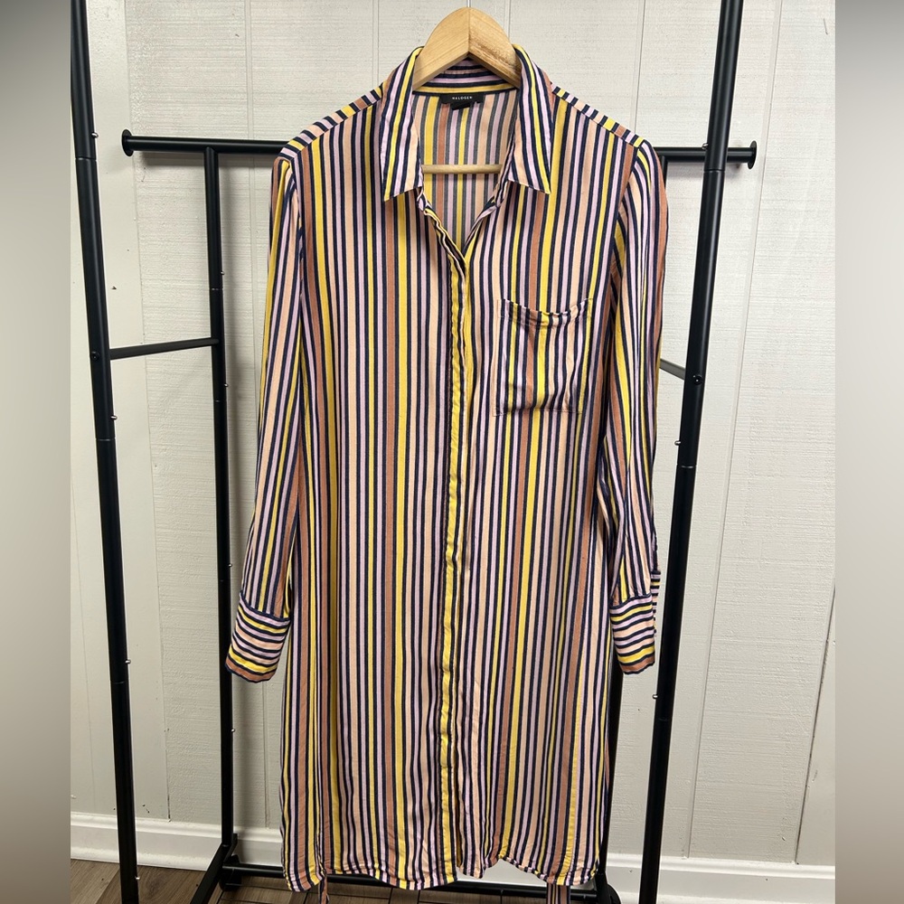 Halogen Vertical Stripe Button-Down Shirt Dress in Yellow, Black & Pink
